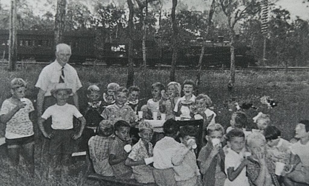 An end-of-term gathering at the Wacol camp school, around 1955.