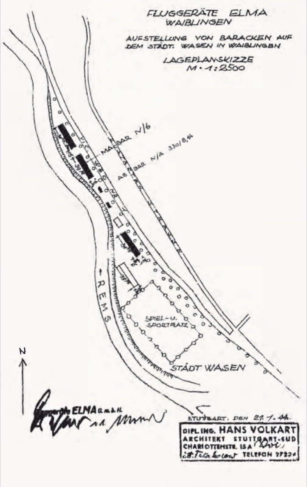 Hand-drawn site plan of 1944 showing barrack blocks arranged along the river Rems on the municipal Wasen meadow at Waiblingen.