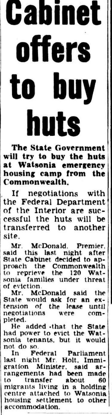 Newspaper column headed Cabinet offers to buy huts, reporting negotiations over the huts at Watsonia emergency housing camp in February 1952.