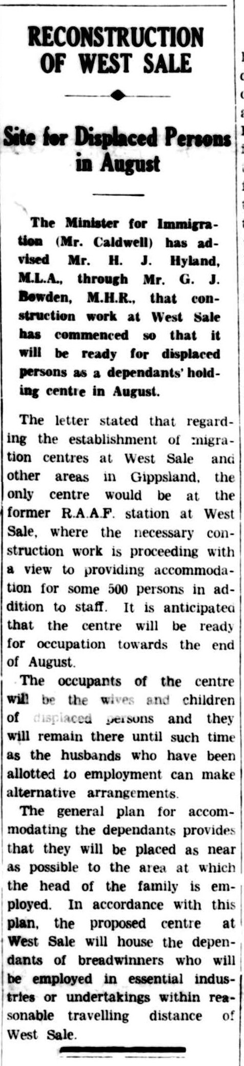 Front-page newspaper column headed Reconstruction of West Sale, sub-headed Site for Displaced Persons in August, reporting the conversion of the former RAAF station in 1949.
