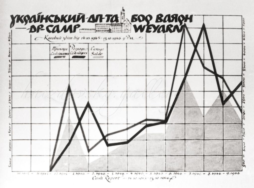 Bilingual line graph of the camp’s income, expenditure and balance for its first year.