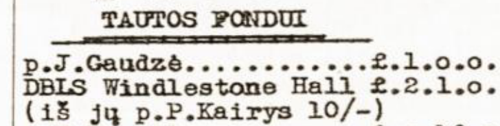Windlestone Hall’s contribution recorded in Britanijos Lietuvis, 9 December 1948.